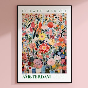 Framed flower market poster with colorful floral illustration, AMSTERDAM text, red accents