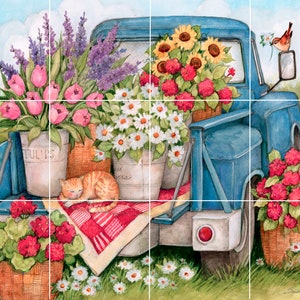 Floral truck ceramic tile art mural with bouquets and colorful flowers