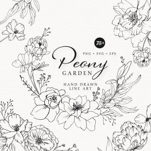 Peony garden fine line flower art, black botanical line drawing with “Peony” script watermark