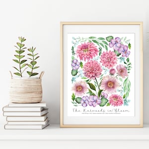 Floral wall art print with pink and purple flowers and green leaves