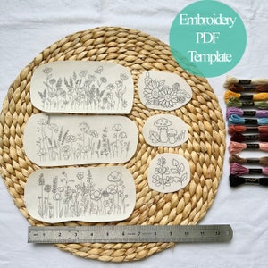 Embroidery PDF template sheets with wildflower and pocket designs, plus ruler