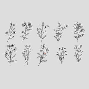 Set of botanical line-art wildflower machine embroidery designs with leaves and stems