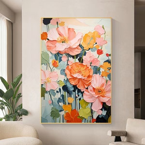 Abstract floral oil painting on canvas with pink and orange blooms and green leaves