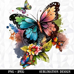 Watercolor butterflies and flowers clipart bundle with multicolor butterflies and blossoms