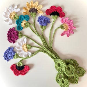 Handmade crocheted wildflower bookmarks set with colorful blossoms and green stems