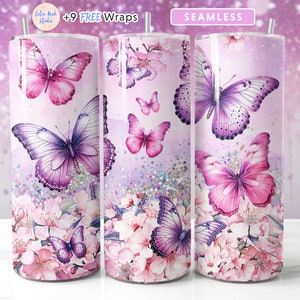 20 oz tumbler wrap with purple and pink butterfly floral seamless design