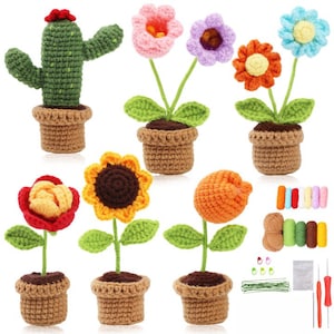Crochet flower and cactus plant set with colorful blooms in small beige pots