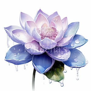 Blue and purple lotus flower clipart with raindrop accents, digital PNG/JPEG