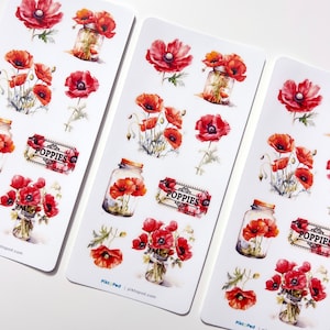 Clear sticker sheet with poppy flowers and small bouquet illustrations