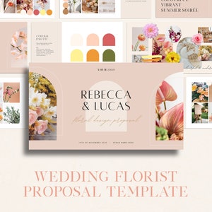 Wedding florist proposal template cover with floral border, names Rebecca & Lucas, beige palette