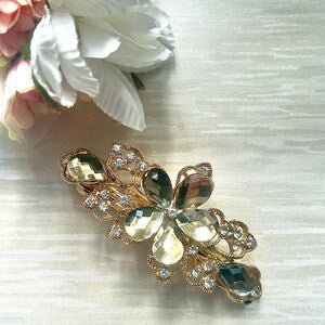 Gold crystal hair barrette with champagne and green stones, small French-style clip