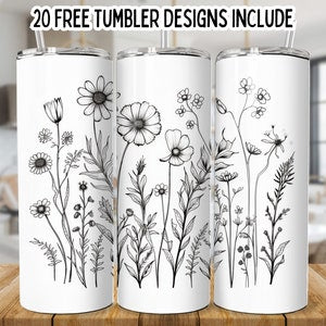 20 oz skinny tumbler wrap: black wildflower line art on white tumblers
