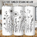 Black Flowers 20 Oz Skinny Tumbler png, Wildflowers wrap, Straight template digital download Sublimation graphics instant download