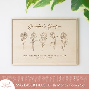 Floral wood sign with Grandma's Garden text and botanical birth-month line art