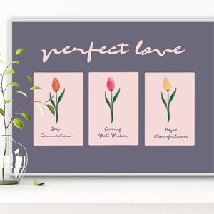 Tulip floral wall art printable set with cursive script text and three pink frames
