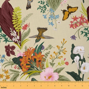 Botanical print polyester fabric with colorful flowers and birds on light beige
