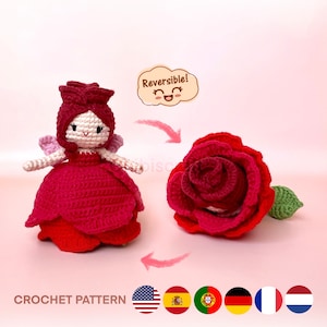 Reversible rose fairy amigurumi crochet pattern PDF, featuring doll and reversible rose.