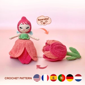 Reversible tulip fairy amigurumi crochet pattern with pink and green flower doll