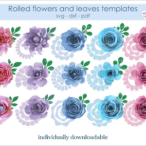 Rolled flower and leaf template sheet with pink, blue, purple, and green designs