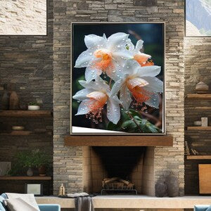 Framed orchid floral wall art print with white and orange blossoms