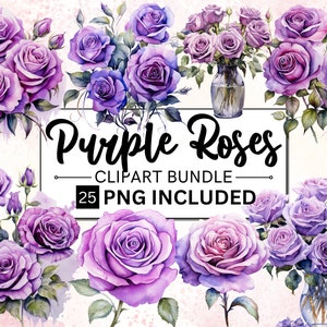 Purple watercolor rose clipart bundle with multiple purple roses and leaves