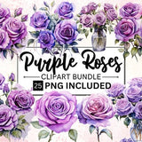 25 Purple Floral Clipart, Purple Rose Watercolor Flowers, Commercial Use, Transparent PNGs, Wedding Invitation Florals Bouquets & Pose