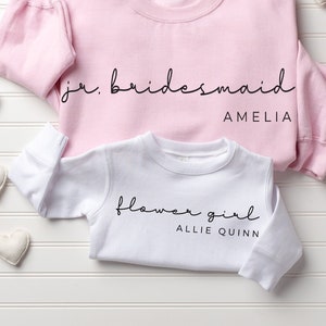 Personalized flower girl sweatshirt set: pink and white with names and roles text