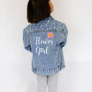 Kids denim jacket, light blue, floral graphic and Flower Girl text on back