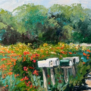 Landscape canvas wall art with colorful flowers, trees, and a white wooden fence