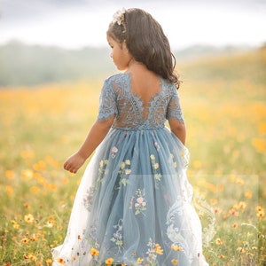 Blue-grey floral embroidered tulle flower girl dress with short sleeves, gathered waist