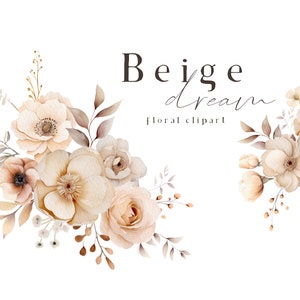 Beige watercolor floral clipart with cream roses and small blossoms