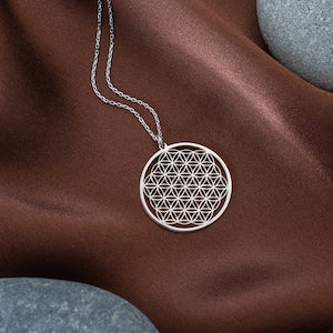 Silver Flower of Life pendant on chain necklace, circular geometric design