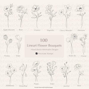 Procreate floral stamp brush set with linear bouquet and botanical line art