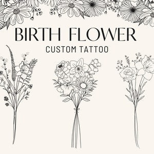 Birth flower custom tattoo design with botanical line art bouquet and small text