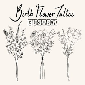 Custom birth flower tattoo SVG with three wildflower bouquet line drawings