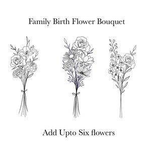 Black line-art birth flower bouquet tattoo design, three bouquet sketches with small flowers