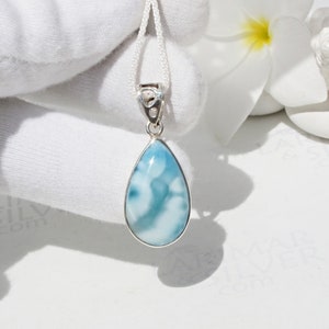 Silver teardrop Larimar stone pendant with blue turquoise marbled center