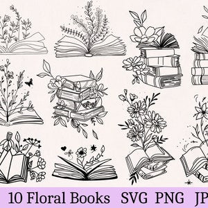 Floral books line art SVG pattern with outline flowers and stacked open books