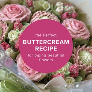 Pink circular buttercream recipe card with white text for piping beautiful flowers