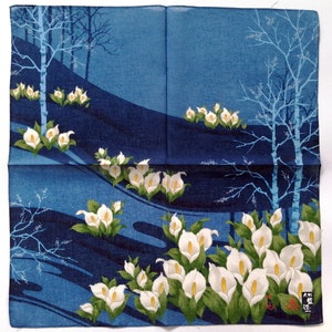 Japanese Vintage Handkerchief Anthurium Flamingo Blue Forest 21" x 21" I Free Delivery on order 35 USD Just buys multiple items together