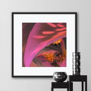 Framed square hot pink semi-abstract floral lily wall art print