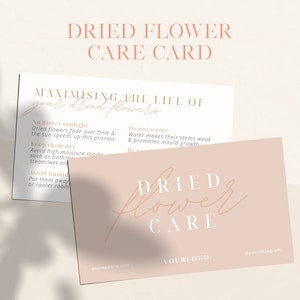Dried flower care card template, neutral beige/pink design with elegant script title.