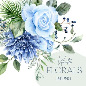 Watercolor blue rose and flower bouquet clipart with leaves and small berries