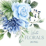 Blue floral clipart, blue flowers clip art, watercolor flower clipart, winter floral png, watercolour roses clip art, free commercial use