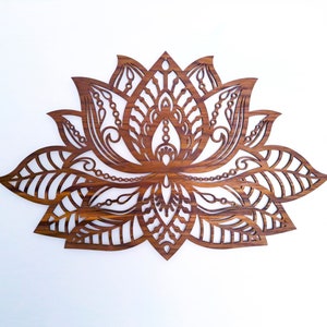 Wooden lotus flower mandala wall art in natural wood veneer, decorative leaf design