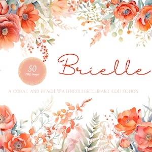 Watercolor floral clipart bundle with coral poppy flower corner border