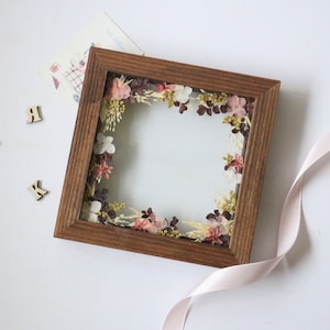 Wood square photo frame with pressed flower floral border and glass front
