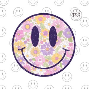 Distressed smiley face graphic with purple eyes, floral 70s retro flower design