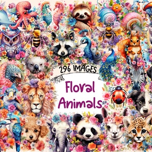 Watercolor floral animal clipart bundle collage with colorful baby animals and flowers, 296 images