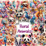 Floral Animals Watercolor Clipart Bundle - 296 PNG Cute Baby Animal Colorful Images with Flowers, Instant Digital Download, Commercial Use
